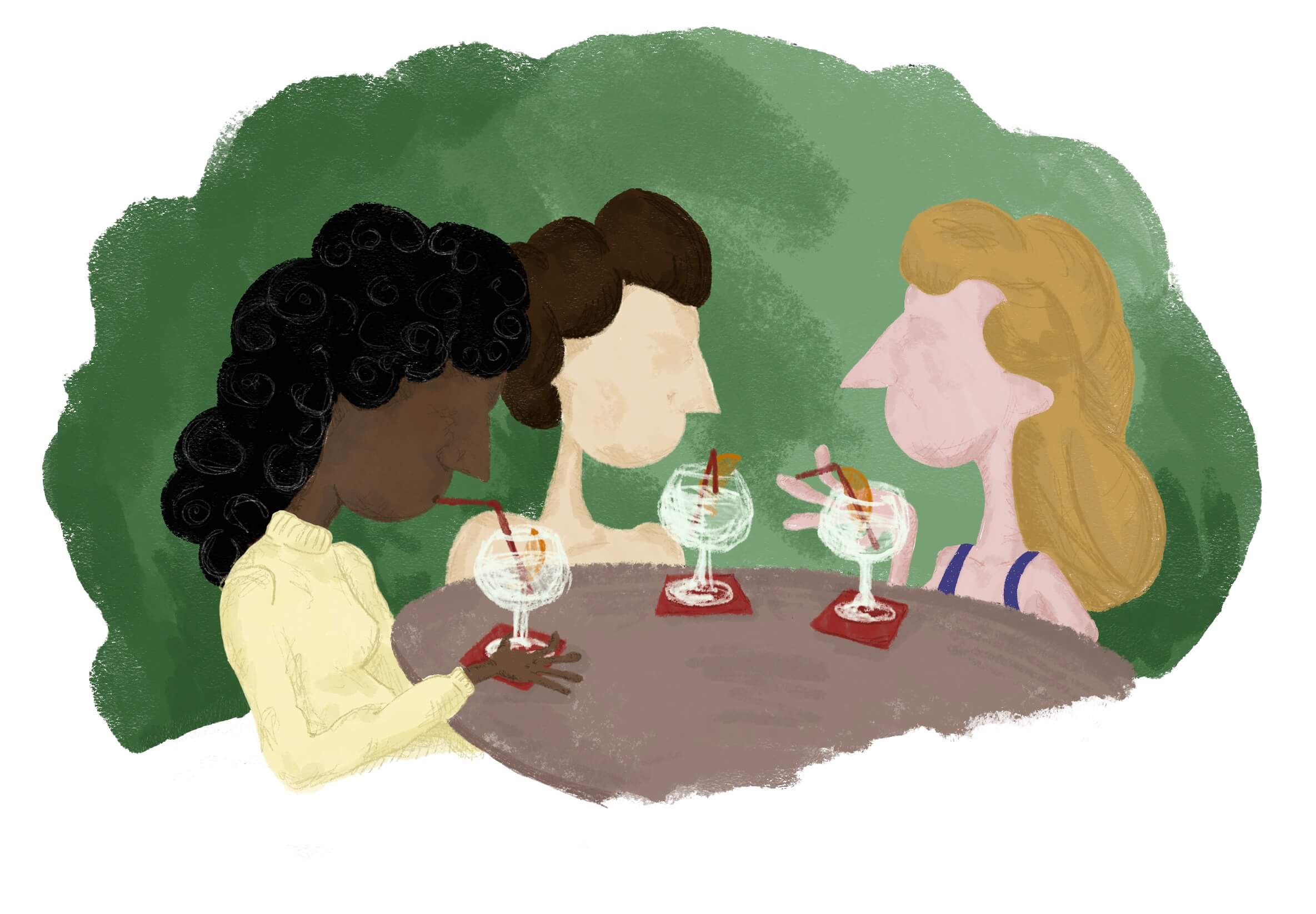 Illustration of 3 woman sat a table with wine glasses