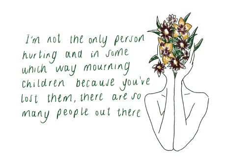 FS Evaluation Postcards-09 An drawing of an image of a figure holding flowers infront of its face. Text reads"I'm not the only person hurting and in som which way mourning children because you've lost them, there are so many people out there"